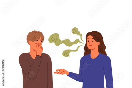 Stinky breath woman with bad teeth or caries irritates guy covering nose and making dissatisfied grimace. Stinky breath problem in person who does not follow hygiene rules and avoids visiting dentist
