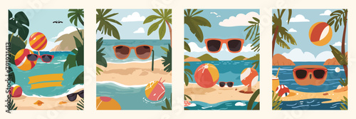 Summer Beach Party Banner or Poster. Tropical Island with Sunglasses and Beach Ball, Vector Illustration, Professional and Clean Design.