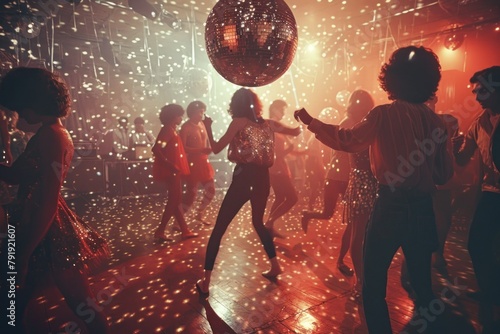 70s people dancing in a club. The club is lit up with colorful lights.