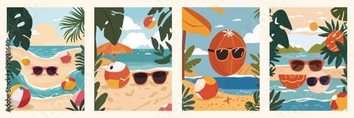 Summer Beach Party Banner or Poster. Tropical Island with Sunglasses and Beach Ball, Vector Illustration, Professional and Clean Design.