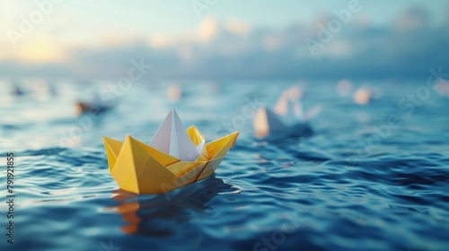 Serene paper boats sailing on calm waters at dawn