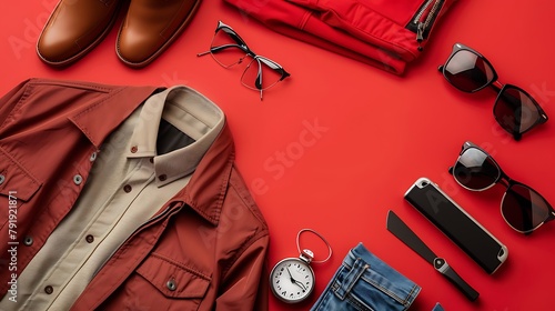 Mens clothing and personal accessories isolated on red background