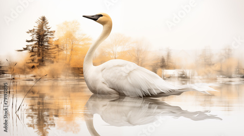 Double Exposure side view of a Trumpeter Swan illustration ~ Created Using Generative AI
