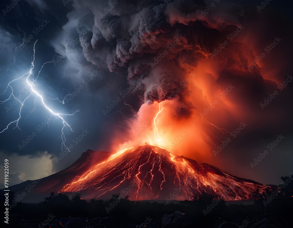 Fiery Fury: Volcanic Eruption with Lightning and Lava