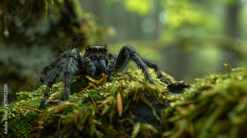Enigmatic Jumping Spider Perched on a Moss-Covered Log in a Misty Forest  © LaurieCu