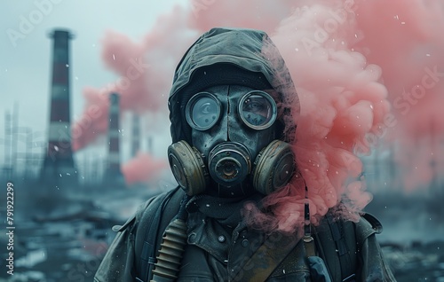 A figure in a gas mask is enveloped by pink smoke against an industrial background suggesting post-apocalyptic themes photo