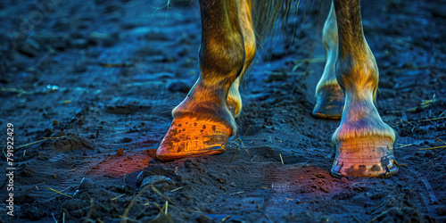 Equine Laminitis: The Hoof Pain and Reluctance to Bear Weight - Imagine a horse with highlighted hooves showing inflammation, experiencing hoof pain and reluctance to bear weight, photo