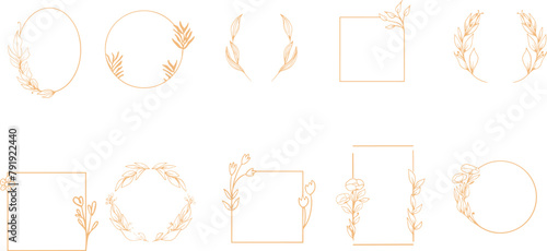 Modern Set of floral design logo elements. Wreath borders dividers, frame corners and minimalist flowers branch. Hand drawn line wedding herb,