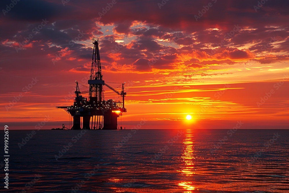 Witness the industrial marvel of an offshore oil rig drilling platform in the North Sea at dusk, featuring oil and gas production facilities harmonizing with the marine environment