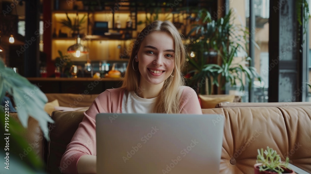 A young blonde-haired smiling girl in a pink jacket sitting in a cozy cafe with a laptop. A young blonde-haired smiling girl in a pink jacket sitting in a cozy cafe with a laptop.