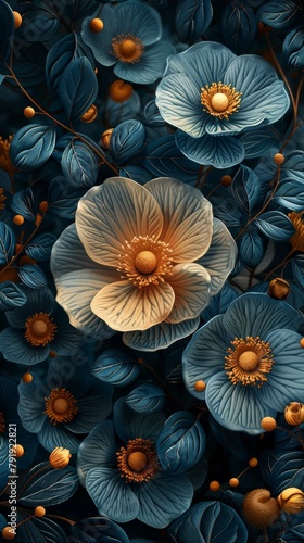 Teal Floral Motif in Artistic Stylization Generative AI