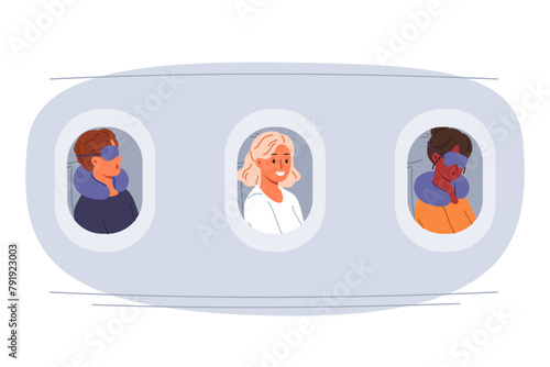 Passengers fly at airplane looking out of windows or sleep during transatlantic journey to resort. Airline passengers depart on vacation or on business trip to resolve corporate issues