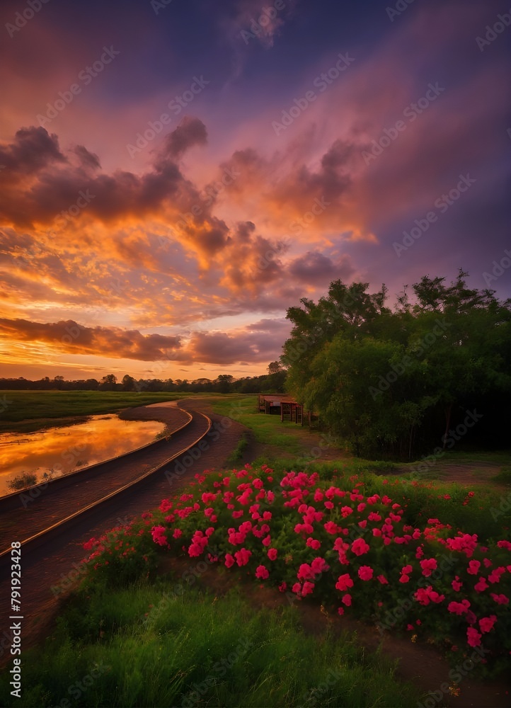Fototapeta premium Sunset with flowers scene