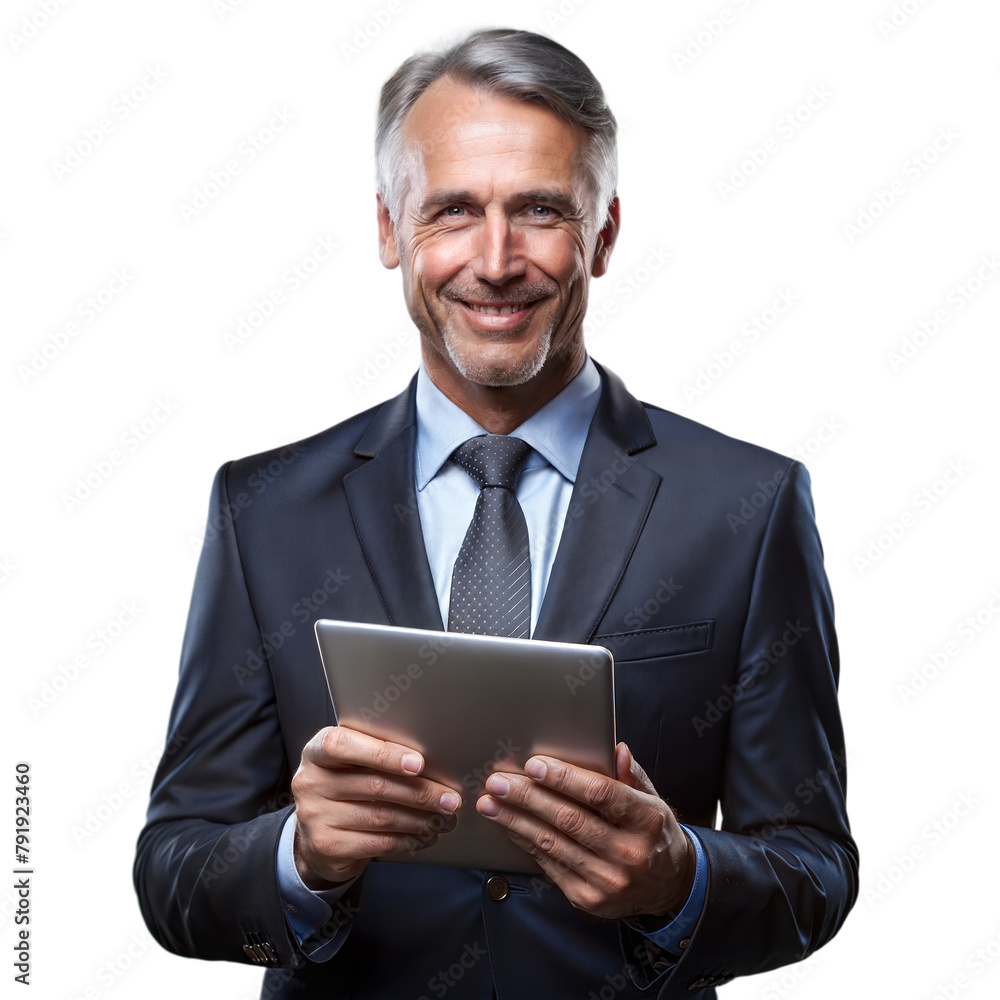 Senior businessman smiling while holding a digital tablet Senior businessman smiling while holding a digital tablet