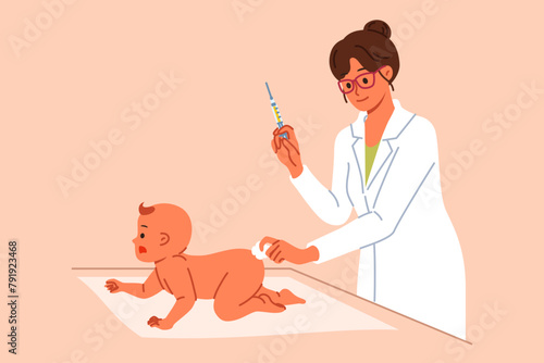 Woman pediatrician gives injection in butt of infant to preventively protect newborn from viruses. Pediatrician girl vaccinates small patient, holds syringe with medicine that improves immunity.