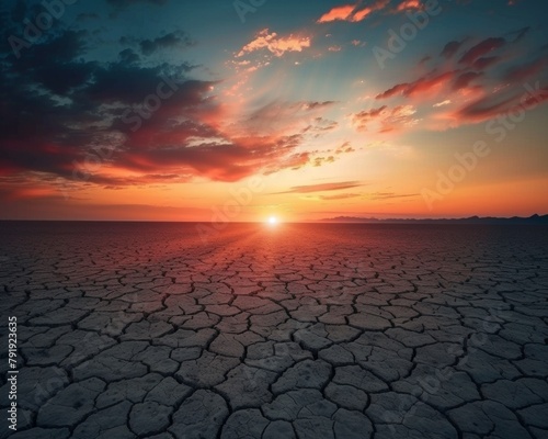 Sunset Over Cracked Earth: A Symbol of Climate Change and Drought