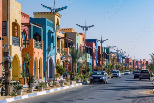 Fototapeta Naklejka Na Ścianę i Meble -  Vibrant Mediterranean townhouses line a street with parked cars under a clear blue sky