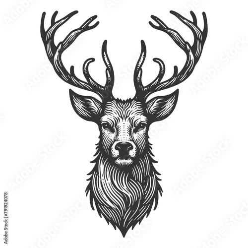 Stag deer with horns Antlers and Foliage sketch engraving generative ai fictional character vector illustration. Scratch board imitation. Black and white image.