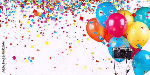 Joyful celebration balloons camera confetti vibrant red blue festive party
