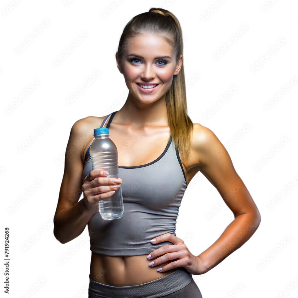 Healthy young woman holding a water bottle on a transparent background Healthy young woman holding a water bottle on a transparent background