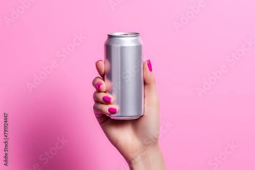 Closeup woman hand holding a soda can photo