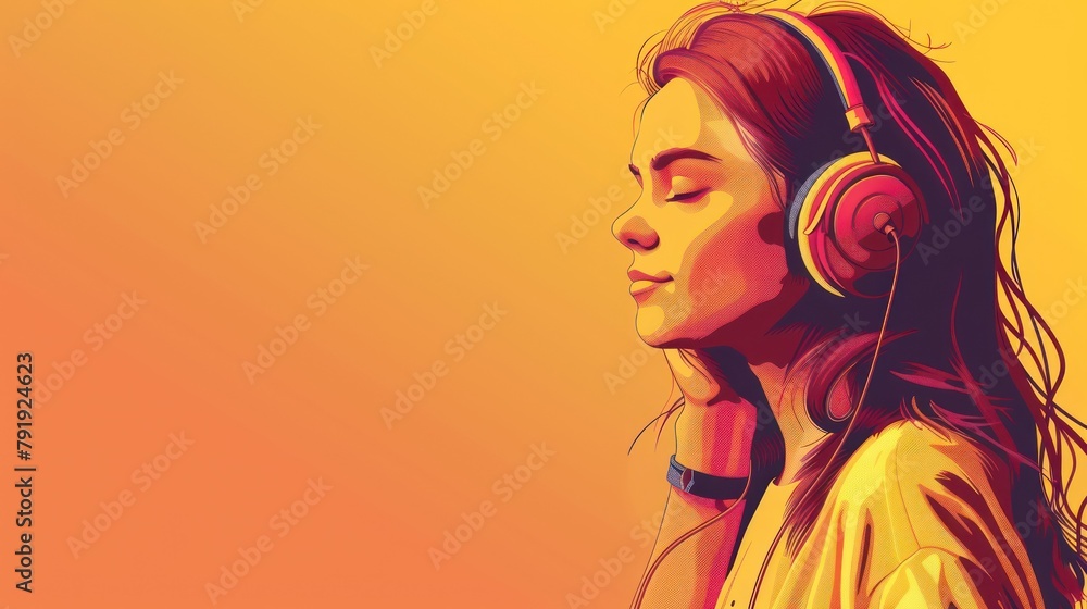 Side profile of a contemplative woman with headphones against a gradient yellow backdrop
