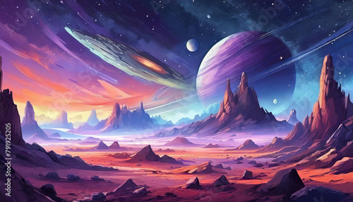 Abstract illustration of outer space desert with rocks. Cosmic landscape. Purple sky. Fantasy planet