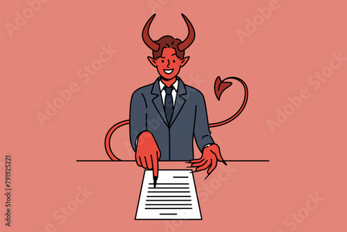 Devil offers to sign business contract lying on table in order to sell soul to satan. Concept of bad commercial proposal and unprofitable contract for performing work that violates law