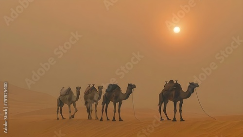 Nomadic Camels and Oasis in the Desert Landscape  A Harsh Wilderness of Sand Dunes  Heat  and Sandstorms. Concept Desert Wildlife  Ecosystems  Natural Landscapes  Climate Change  Conservation efforts