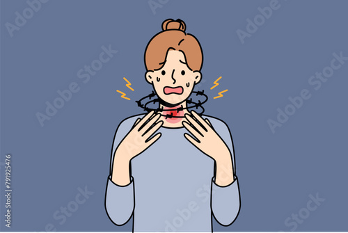Woman suffering from suffocation and asthma screams, standing with barbed wire around neck, needs help of doctor. Problem of suffocation in girl is caused by malfunction of respiratory tract or lungs