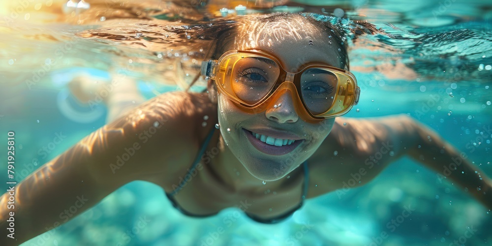 Naklejka premium Aqua Dream: Woman in Goggles Glides Through Pool