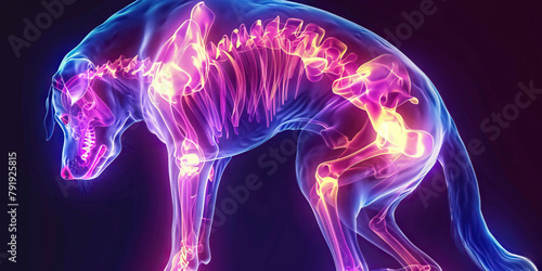 Canine Hip Dysplasia: The Hip Pain and Difficulty Rising - Visualize a dog with highlighted hip joints showing malformation, experiencing hip pain and difficulty rising
