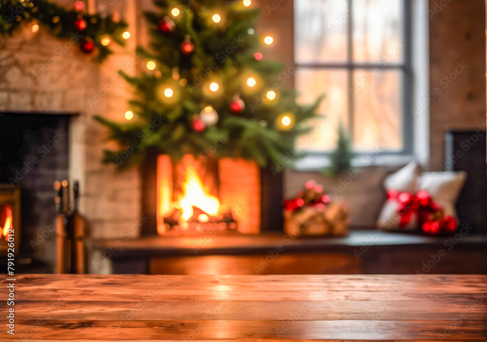 wood table with blurry christmas tree and fireplace background.Wood surface with christmas tree and fireplace background with copy space