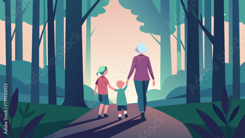 An elderly woman and her grandchild holding hands as they navigate through a dense thicket in the forest marveling at the sights and sounds