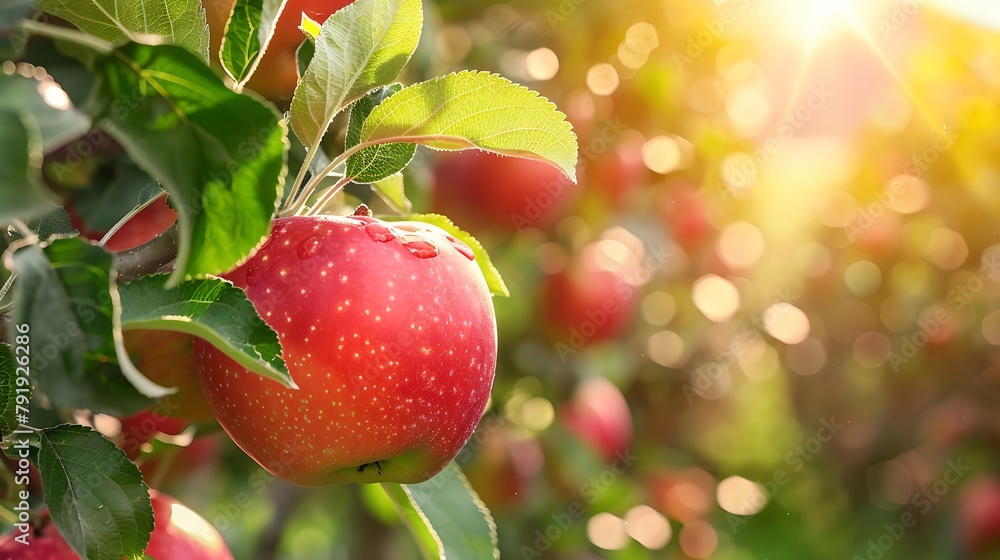 Obraz premium Perfect beautiful ripe red apple fruit growing on tree in orchard