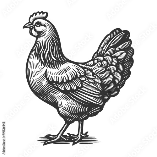 Chicken hen poultry bird farm animal sketch engraving generative ai fictional character vector illustration. Scratch board imitation. Black and white image.