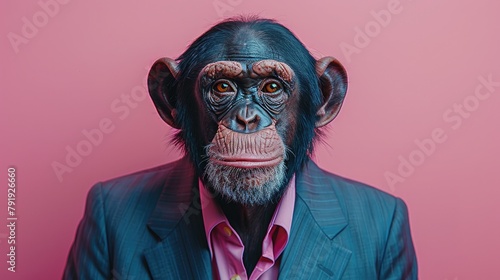 A businessman with a monkey's head in a business suit and tie, wearing glasses on a blurred background. Wolf character