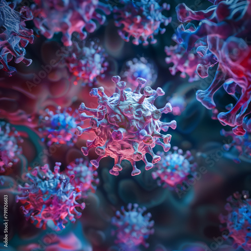 Close-up Influenza virus particle traveling into human blood system © matheusRuas