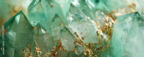 close-up of mint-colored crystal with gold veins.