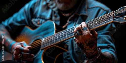 Melodic Ink: Tattooed Man Strumming Guitar photo