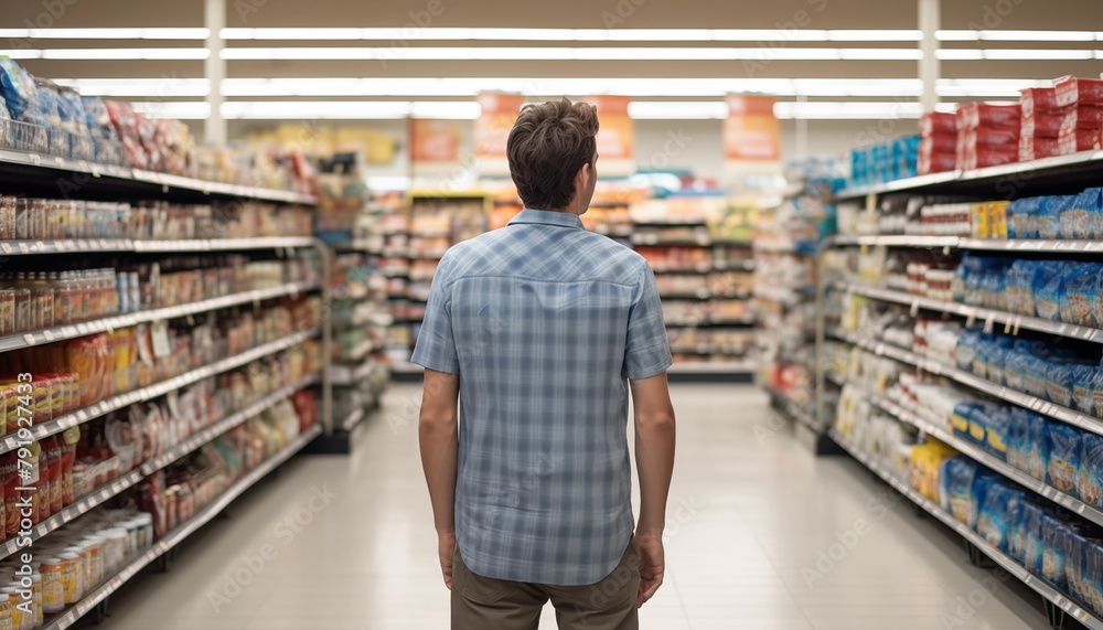 Hombre de espaldas dentro de un supermercado rodeado de productos.