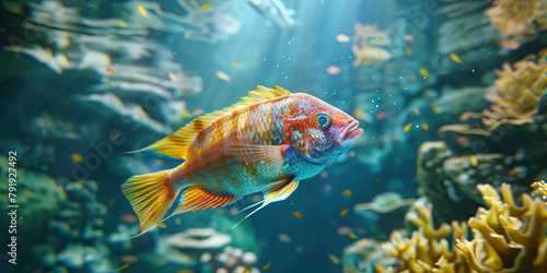 Fish Swim Bladder Disorder: The Buoyancy Issues and Abnormal Swimming - Imagine a fish with highlighted swim bladder showing dysfunction, experiencing buoyancy issues and abnormal swimming photo