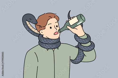 Man drinks beer standing with snake around neck, metaphor for alcohol addiction and slow destruction of health. Guy with bottle of beer in hands is addicted to alcohol and leads unhealthy lifestyle.
