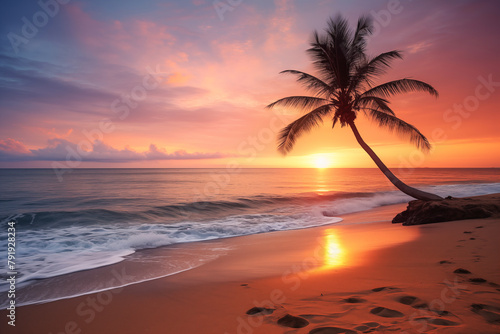 As the sun sets behind the horizon, the tranquil beach transforms into a picturesque scene of paradise, with palm trees silhouetted against the colorful sky.