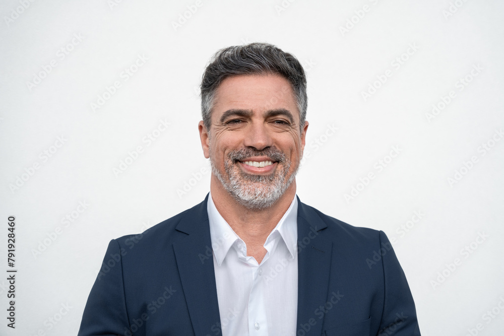 Closeup face headshot portrait of middle age mature adult man. Freelancer entrepreneur isolated on white background. Happy smiling handsome 40 years old latin hispanic businessman looking at camera Closeup face headshot portrait of middle age mature adult man. Freelancer entrepreneur isolated on white background. Happy smiling handsome 40 years old latin hispanic businessman looking at camera