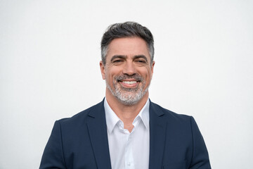 Closeup face headshot portrait of middle age mature adult man. Freelancer entrepreneur isolated on white background. Happy smiling handsome 40 years old latin hispanic businessman looking at camera