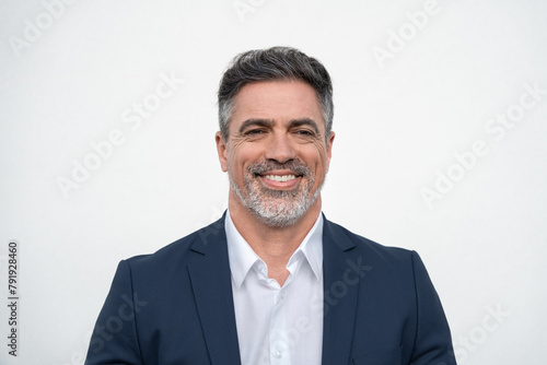 Closeup face headshot portrait of middle age mature adult man. Freelancer entrepreneur isolated on white background. Happy smiling handsome 40 years old latin hispanic businessman looking at camera