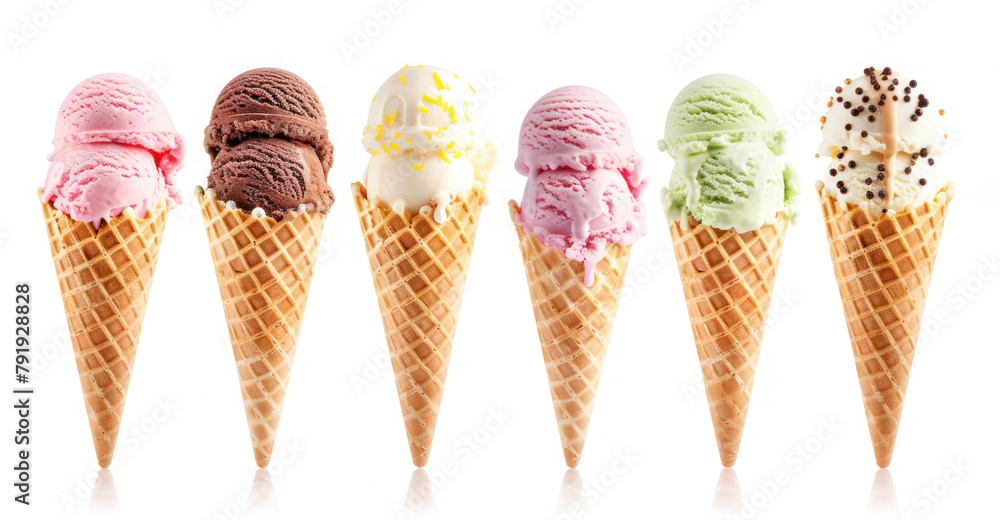 Wafer cones with multi-colored balls of creamy ice cream are arranged in a row on white background Wafer cones with multi-colored balls of creamy ice cream are arranged in a row on white background