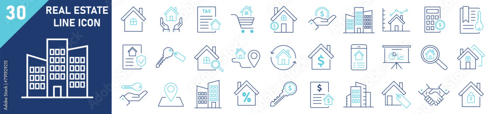 Real estate icon set. Set of 30 outline icons related to real estate. Linear icon collection. Editable stroke. Vector illustration.