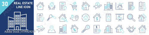 Real estate icon set. Set of 30 outline icons related to real estate. Linear icon collection. Editable stroke. Vector illustration.